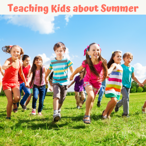 Children running together in the grass on a summer day.