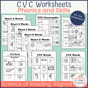 CVC phonics and skills worksheets for kindergarten