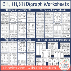 Many digraph worksheets intended for kindergarten students to practice the th, sh, and ch digraphs