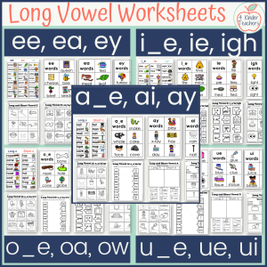 long vowel workseets for kindergarten students that cover the following spelling patterns: ee, ea, ey, i_e, ie, igh, a_e, ai, ay, o_e, oa, ow, u_e, ue, ui