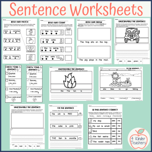 different types of sentence worksheets that include read the sentence and draw a picture, fix the sentence, unscramble the sentence