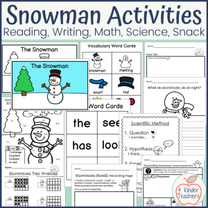 snowman activity worksheets, including a snowman easy reader book, sight word cards, snowman color by number, science activity