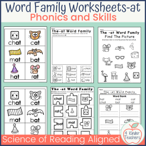 Kindergarten worksheets for the at word family.