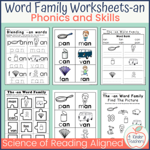 Kindergarten worksheets for the word family an.