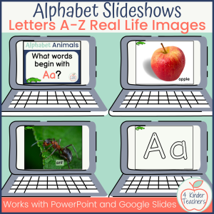 4 computer screens with different pages from the letter Aa slideshow (What words begin with Aa?, Apple, Ant, Letter Aa handwriting)