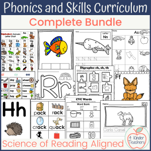 12 phonics and skills worksheets for kindergaten including a rainbow writing page, an alphabet chart, a handwriting page,and interactive sentence writing page and more.