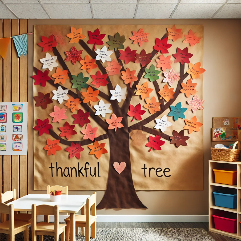 Thankful Tree made out of butchter paper with construction paper leaves, in a kindergarten classroom