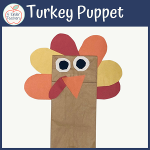 Turkey puppet made out of colored paper on a brown paper bag