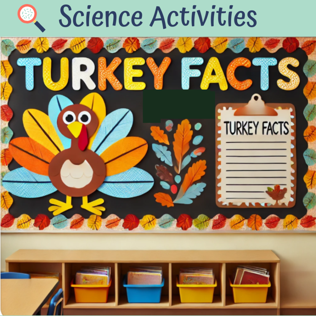 Bulletin board with a large turkey and the title Turkey Facts