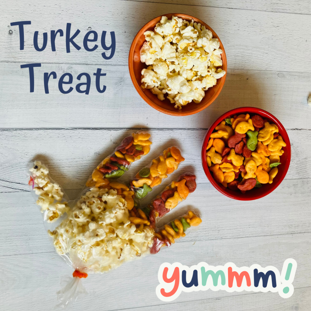 Turkey snack for kids -food service glove full of popcorn and rainbow goldfish