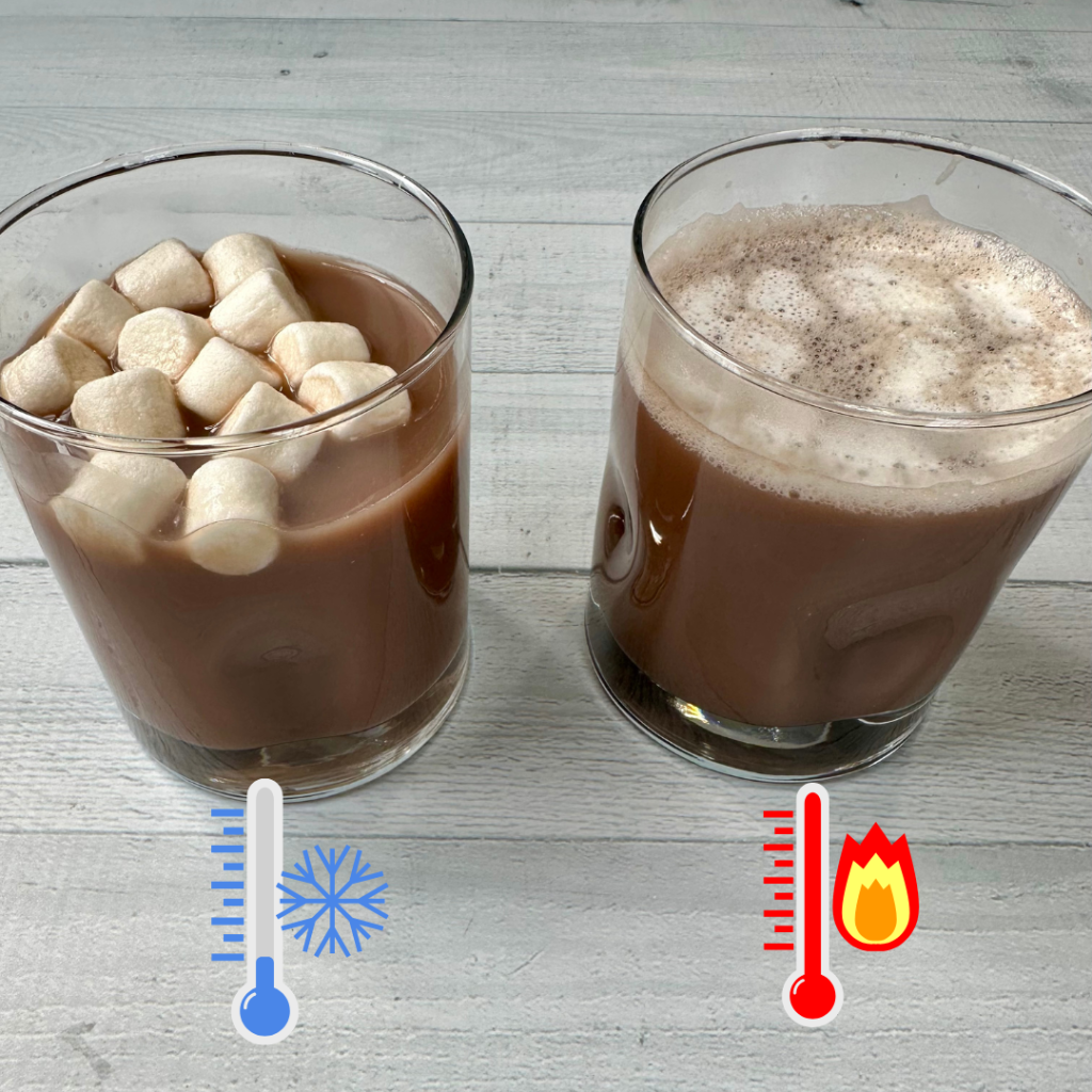 two cups of hot chocolate, one cold with visible marshmallow and one hot with melted marshmallows