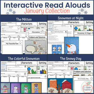 4 different books for the month of January with 3 days of lesson plans and activities for each book: The Mitten, The Snowy Day, The Colorful Snowman, Snowmen at Night